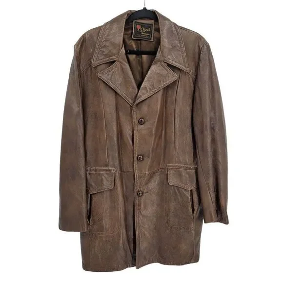 70s Leather Jacket Mottled Crackle Brown Duster Blazer Button Hippy Streetwear L - Picture 3 of 14